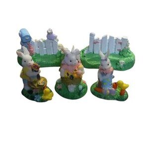 Easter Spring Set Of 5 Hand Painted Bunny Figurines Mini Fence Decor Rabbit